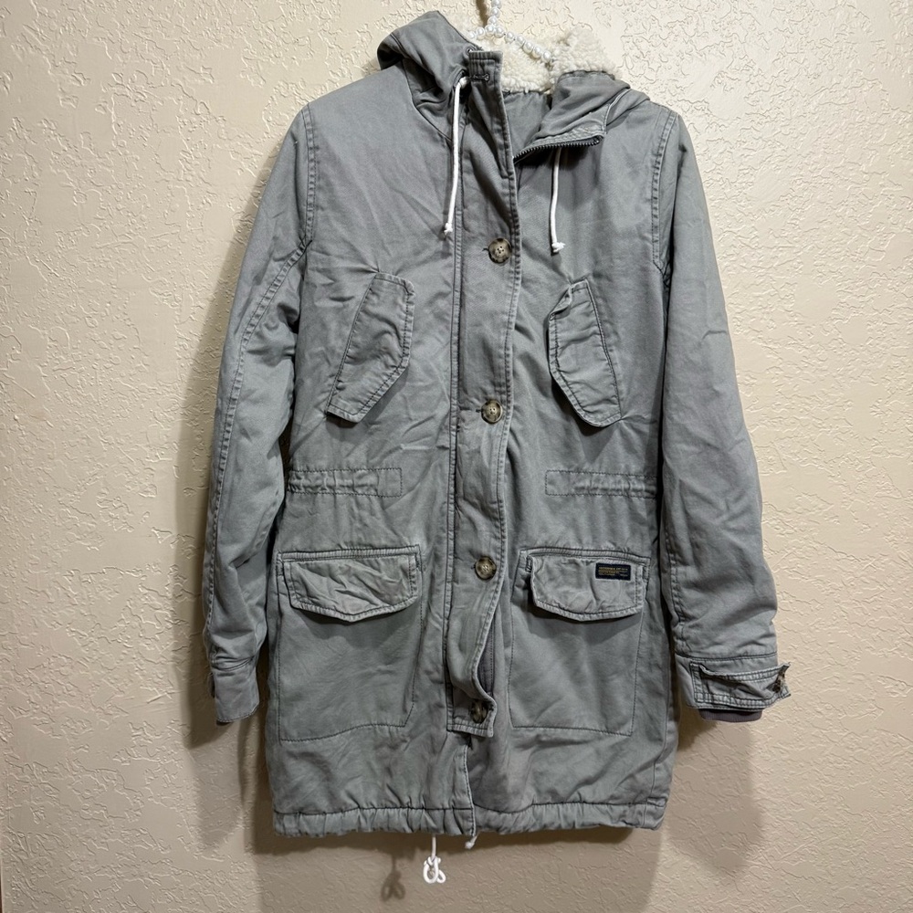 Abercrombie & Fitch Sherpa Lined Twill Parka Jacket in Olive Green Size XS Y2K